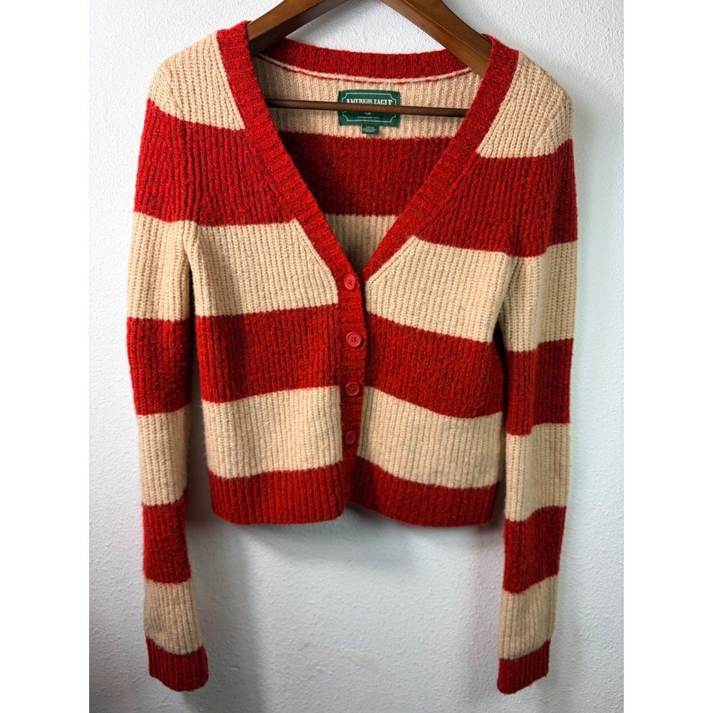 American Eagle Women Cardigan Red Cream Striped Ribbed Knit V-Neck Small